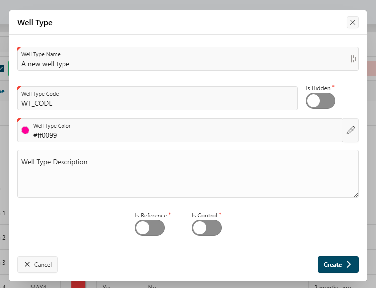 Create well type screenshot Create well type